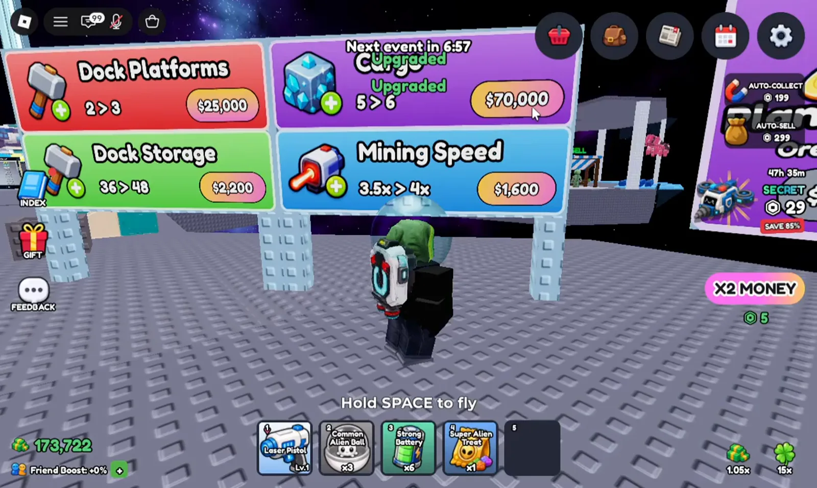 Mine a Planet upgrade board listing Dock Platforms Cargo Dock Storage and Mining Speed with in-game cash prices on each sign