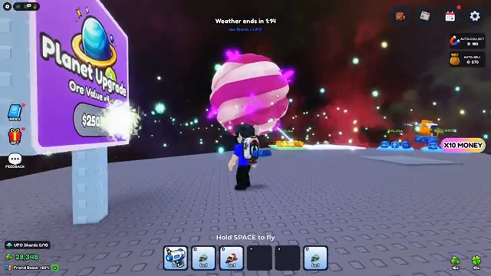 Mine a Planet candy planet with pink and white stripes hovering behind a Planet Upgrade sign quoting $250,000 for Ore Value x4 > x5