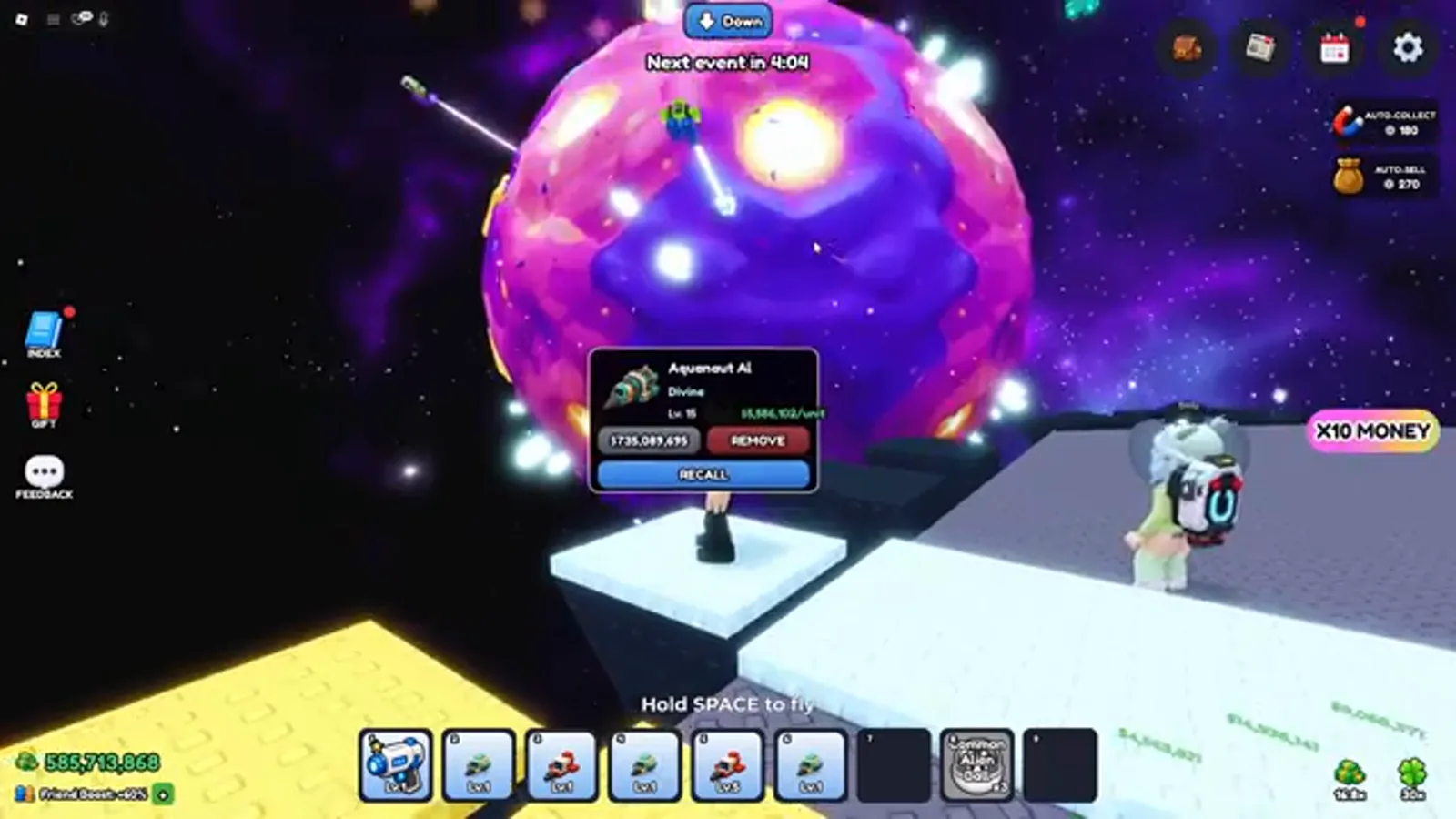 Mine a Planet drone card for Aquanaut AI tagged Divine at Lv 19 reading $5,884,453 per unit with SELL, REMOVE and RECALL buttons in front of the giant teal drill model