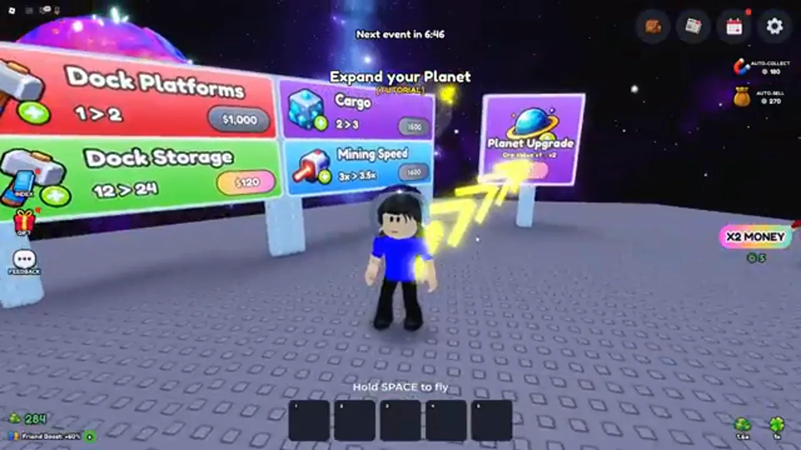Mine a Planet upgrade board showing Dock Platforms 1 > 2 for $1,000, Dock Storage 12 > 24 for $120, Cargo 2 > 3 for $500 and Mining Speed 3x > 3.5x for $400, with an Expand your Planet tutorial arrow pointing at a Planet Upgrade sign