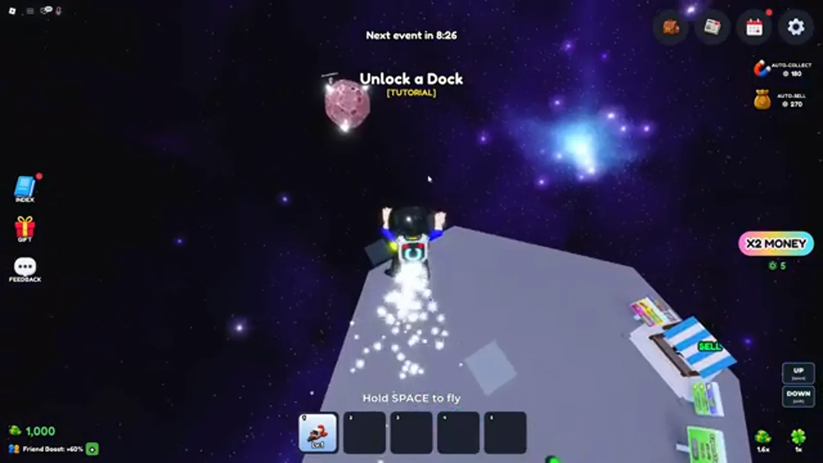Mine a Planet tutorial prompt reading Unlock a Dock - FREE! above a tiny pink pebble planet while the player jetpacks over an empty gray space platform