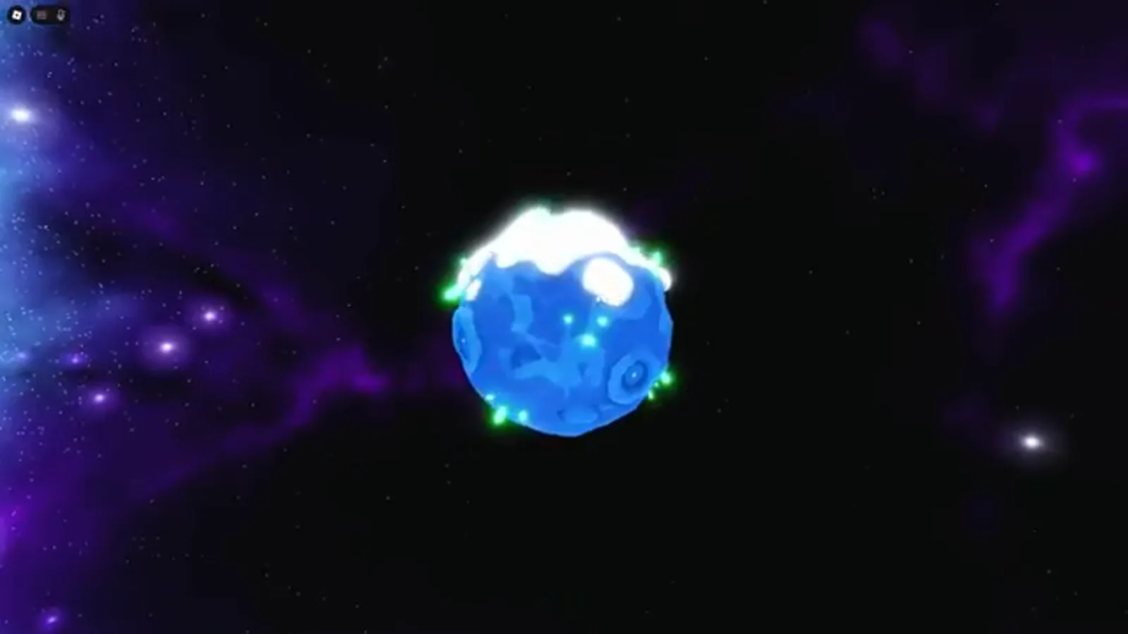Mine a Planet Ice Age planet fully in frame: a blue voxel sphere with a white snow cap and green mining lasers hitting its surface