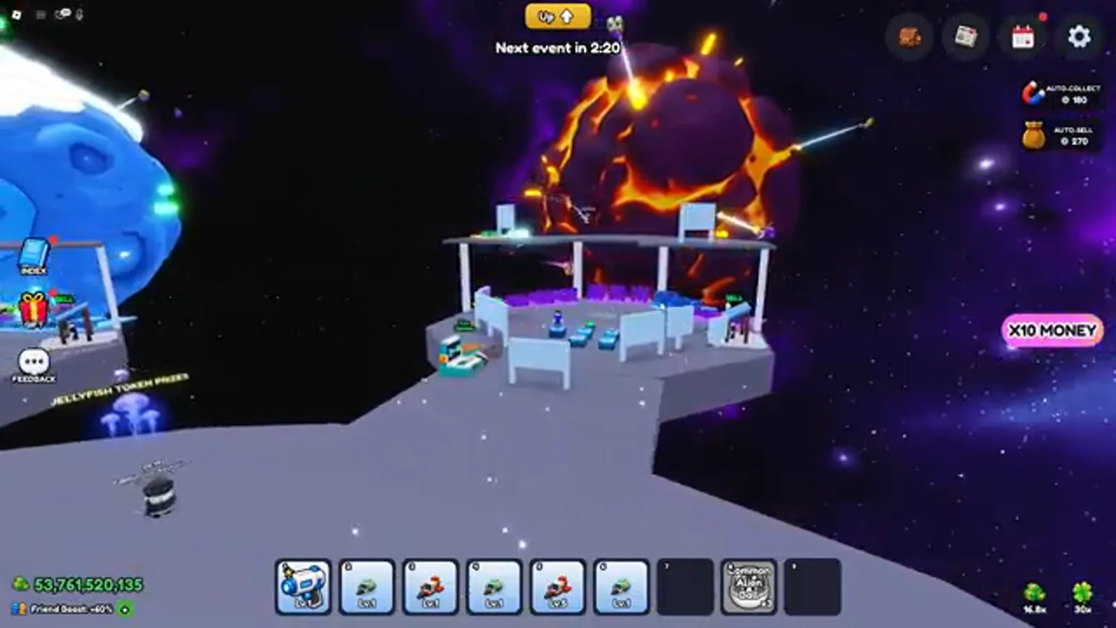 Mine a Planet magma planet glowing orange with lava cracks directly behind the player's space base platform, with a blue neighbor planet at the upper left