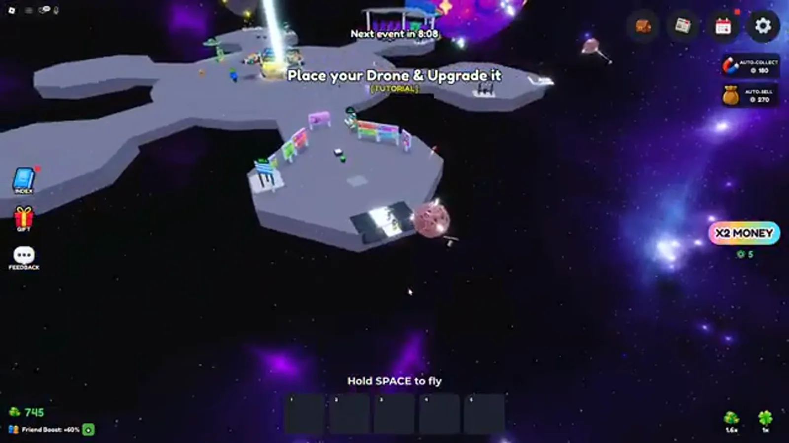 Mine a Planet HUD tutorial prompt reading Place your Drone & Upgrade it above a gray octagonal space base with a tiny ore planet docked at its edge