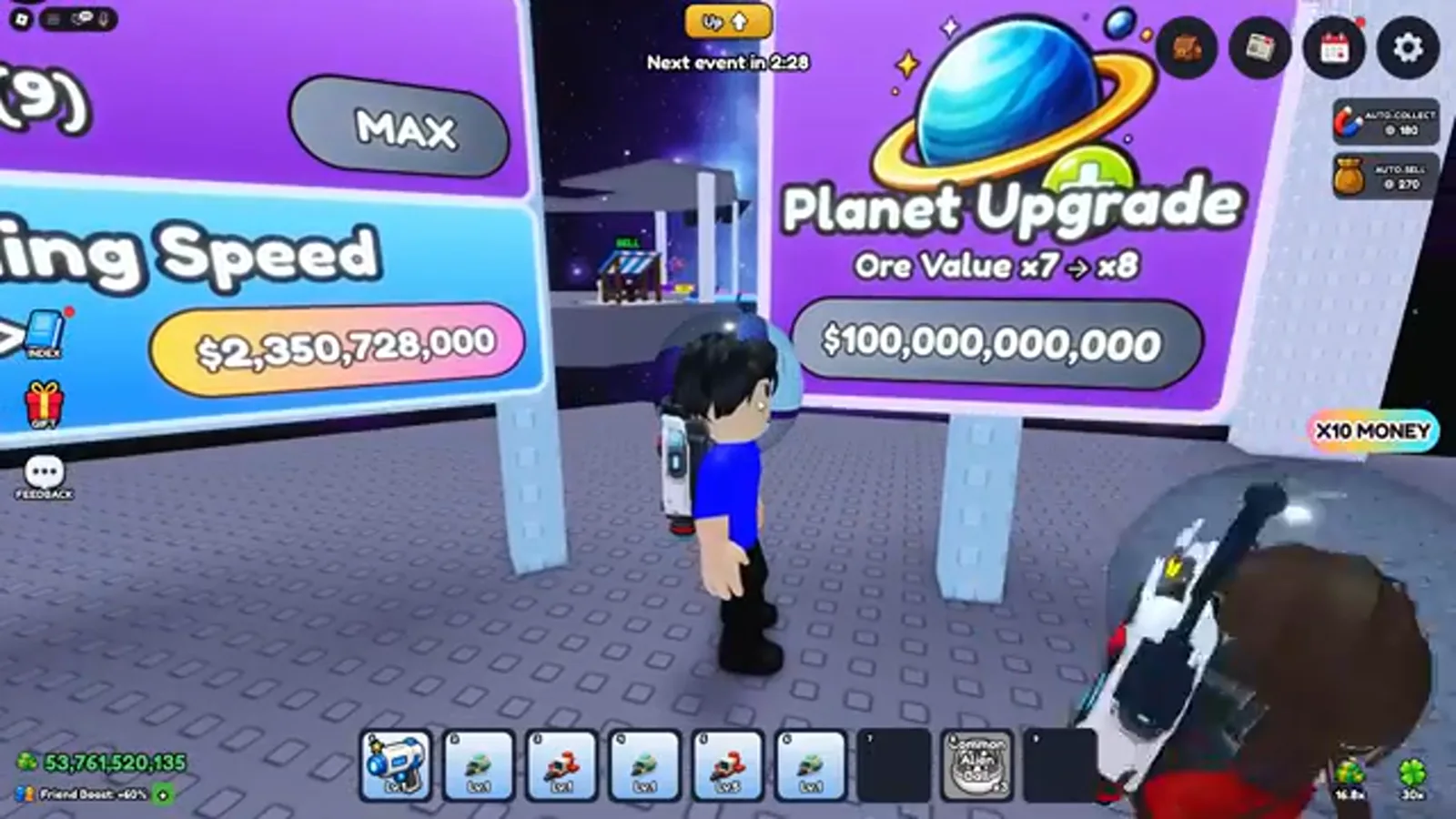 Mine a Planet Planet Upgrade sign reading Ore Value x7 > x8 for $100,000,000,000 with a Mining Speed board line priced at $2,350,728,000 beside it