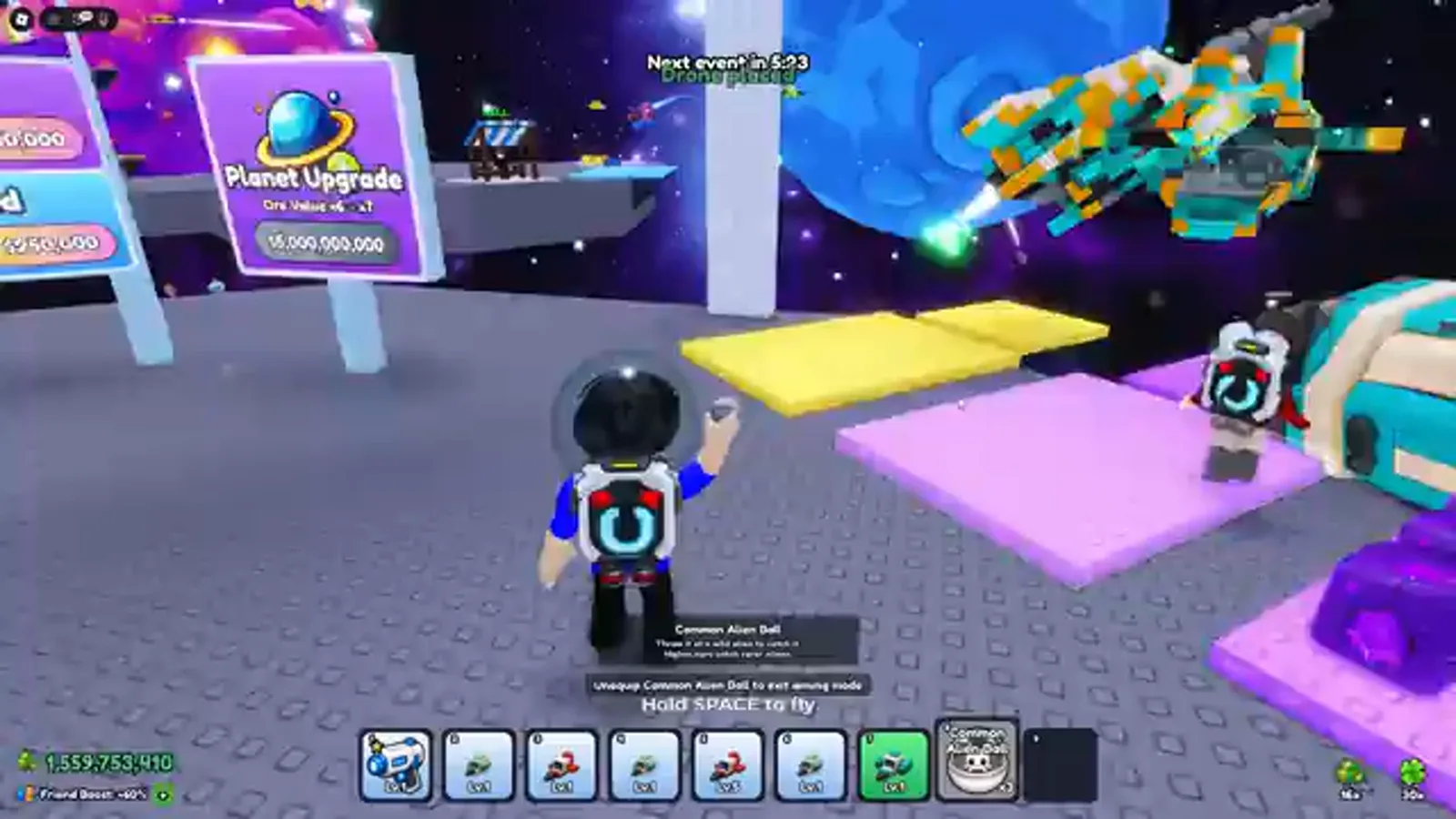 Mine a Planet Planet Upgrade sign reading Ore Value x6 > x7 for $5,000,000,000 beside a yellow platform and a teal drill drone, with $1,559,753,410 in the cash counter
