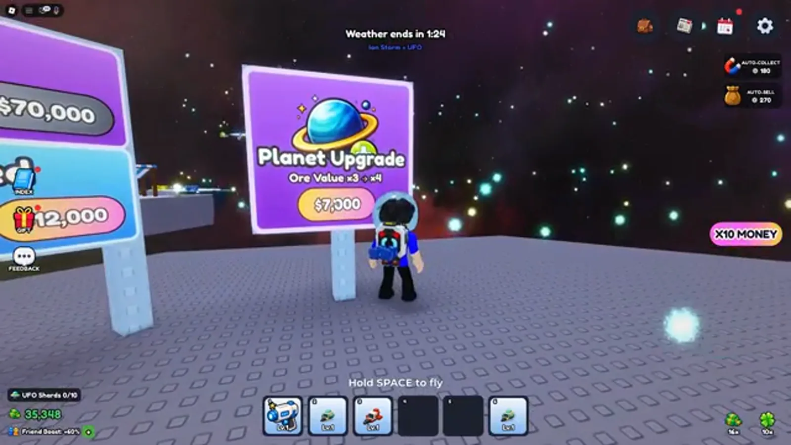 Mine a Planet Planet Upgrade sign reading Ore Value x3 > x4 for $7,000 with the player standing in front of it and $35,348 in the cash counter