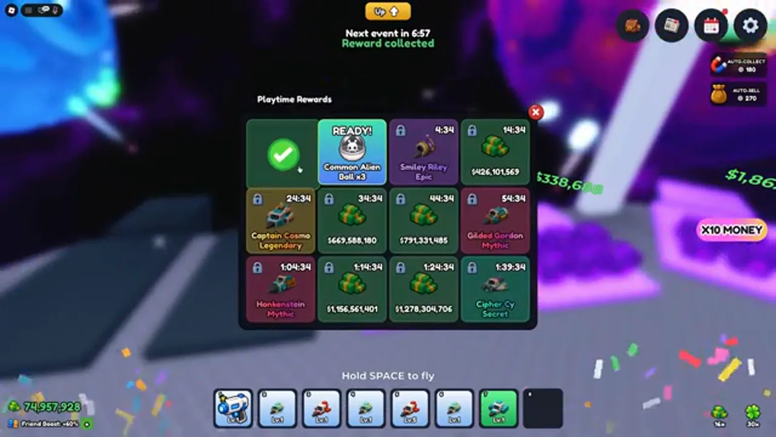 Mine a Planet Playtime Rewards panel with the first tile collected, a READY Common Alien Ball x3 tile, and cash rewards up to $1,278,304,706 behind lock timers up to 1:39:34
