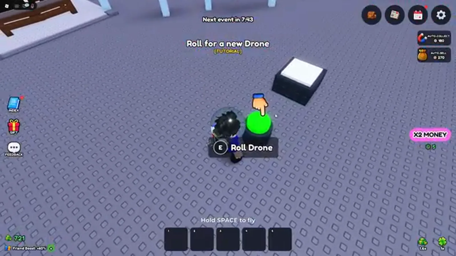 Mine a Planet tutorial prompt Roll for a new Drone above a green roll drum with an E Roll Drone key prompt and a pointing hand cursor