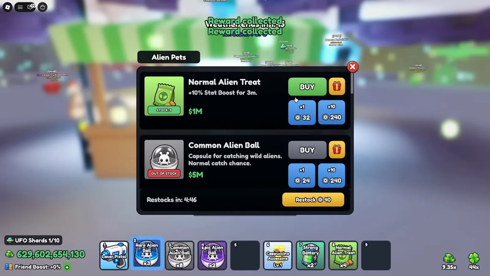 Alien Pets shop in Mine a Planet listing Normal Alien Treat with a 10 percent stat boost for three minutes, stock and a restock countdown.