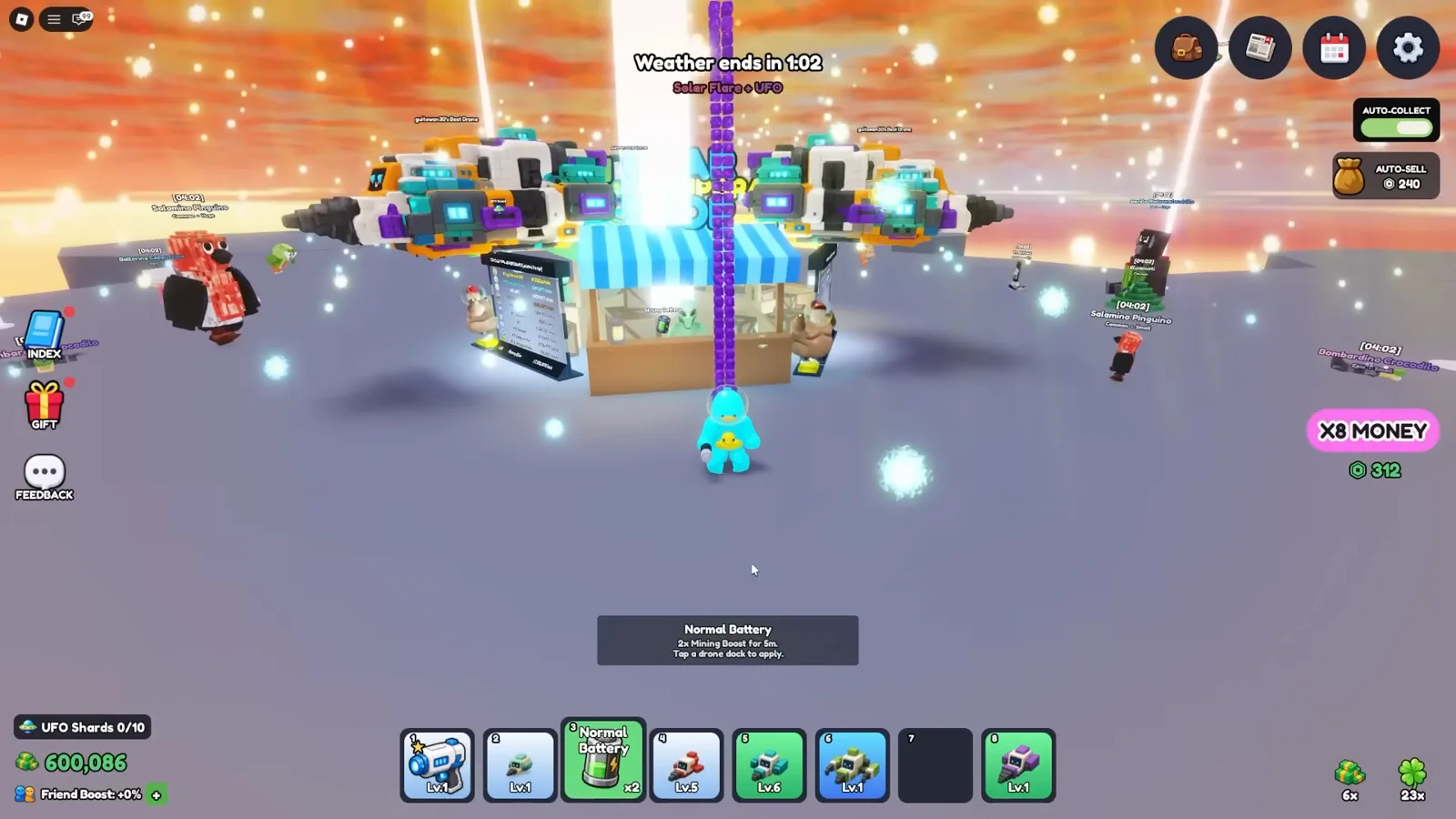 Normal Battery selected in the Mine a Planet hotbar with a 2x Mining Boost for 5m tooltip instructing the player to tap a drone on a dock.