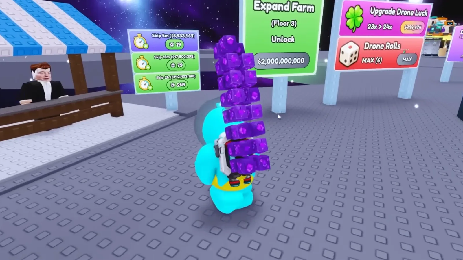 Mine a Planet Skip board beside the sell counter showing 5-minute, 15-minute and 2-hour offers with cash previews and Robux buttons.