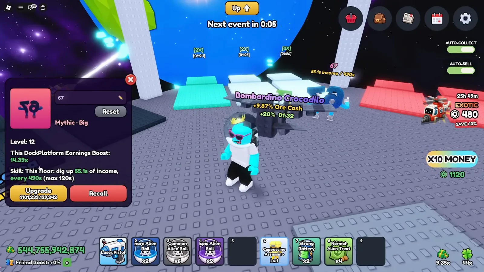 Mine a Planet pet area showing a timed 20 percent marker on Bombardino Crocodilo separately from the selected 67 pet level, DockPlatform boost and income skill panel.