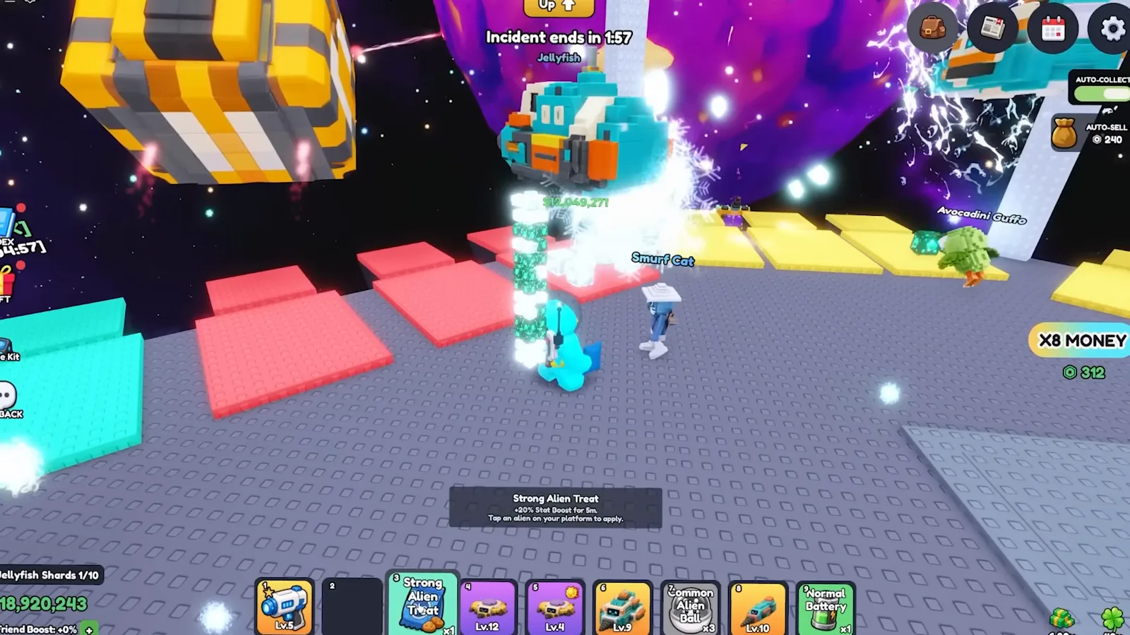 Strong Alien Treat tooltip in Mine a Planet showing a 20 percent stat boost for five minutes and the instruction to tap an alien on the platform.