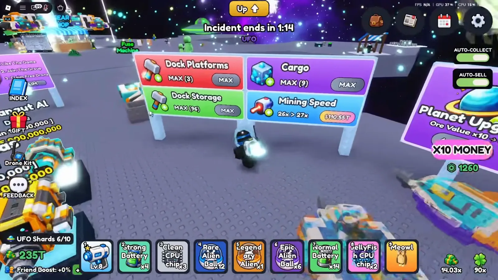 Painéis de Cargo e Dock Storage no Mine a Planet, com Auto-Collect e Auto-Sell ligados na gravação de julho. Painéis de Cargo e Dock Storage no Mine a Planet, com Auto-Collect e Auto-Sell ligados na gravação de julho.
