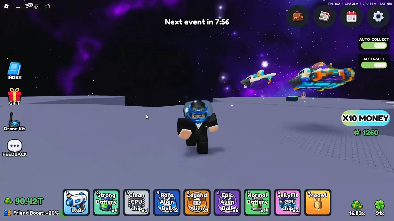 HUD do Mine a Planet mostrando Friend Boost +20% na sessão de julho, com o aviso de evento x10 MONEY visível. HUD do Mine a Planet mostrando Friend Boost +20% na sessão de julho, com o aviso de evento x10 MONEY visível.