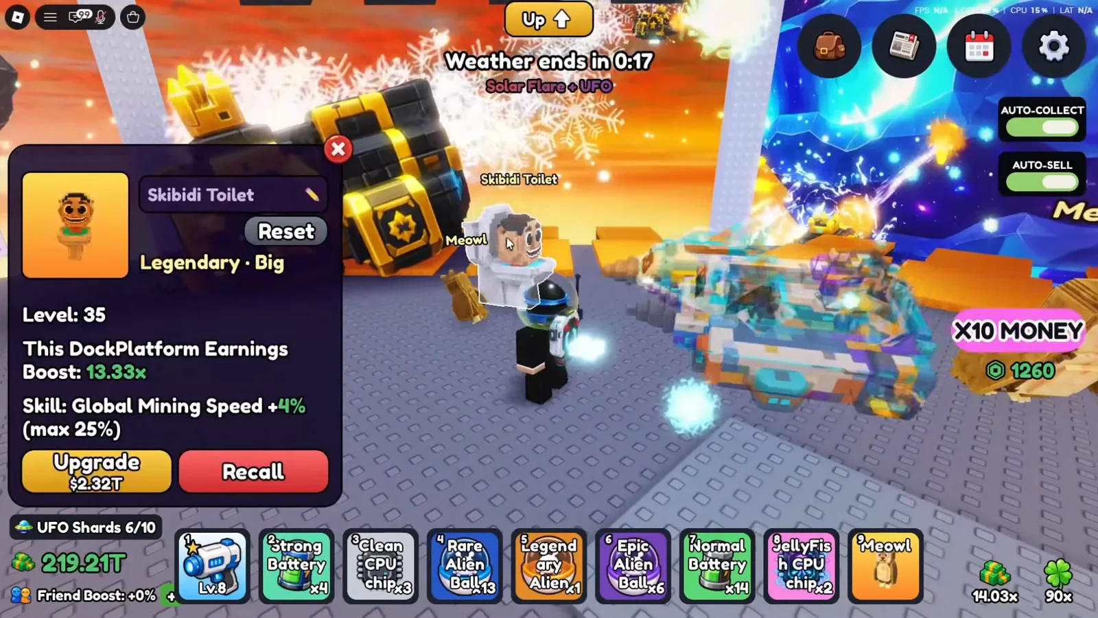 Skibidi Toilet de nível 35 no Mine a Planet, com bônus de ganhos de 13.33x na DockPlatform e habilidade de Global Mining Speed. Skibidi Toilet de nível 35 no Mine a Planet, com bônus de ganhos de 13.33x na DockPlatform e habilidade de Global Mining Speed.