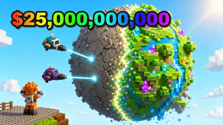 Mine a Planet Roblox gameplay — two drones firing mining lasers at a voxel planet as the cash counter reaches $25 billion